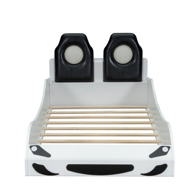 Wood Race Car-Shaped Platform Bed With LED And Upholstered Backrest