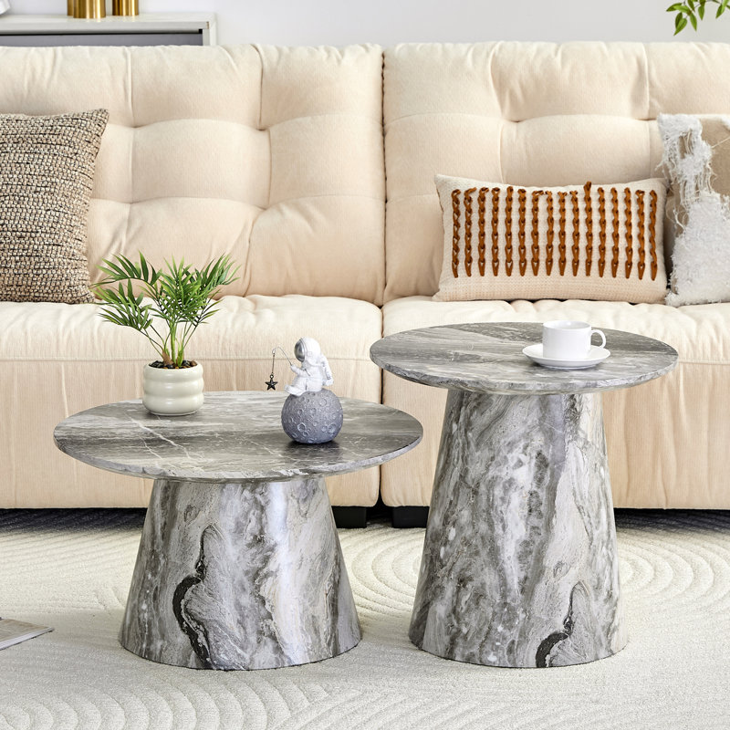 Table basse emboîtable grise, ronde pour accent de salon, pieds réglables de 19,6 po et 23,6 po, capacité de 300 livres, table de placage à assemblage rapide, espace de bureau