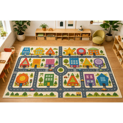 "Ultra Thin" 5' x 7' Kids City Road Play Area Rug, Soft Low Pile Indoor Rug with Non-Slip Silicone Backing for Kids Room Playroom, Ivory