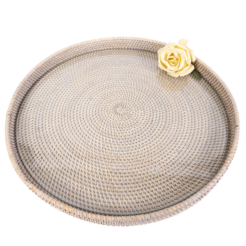 16" Round Serving-ottoman Tray With Glass Insert, 16" W x 16" D x 1.5" H, Whitewash