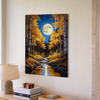 A Magical Woodland Scene Under The Light Of A Full Moon A Path Of Shallow Water Runs Canvas Wall Art Premium Quality Ready To Hang
