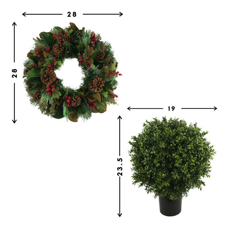 Classic Holiday Wreath and Two UV Boxwood Drop-Ins
