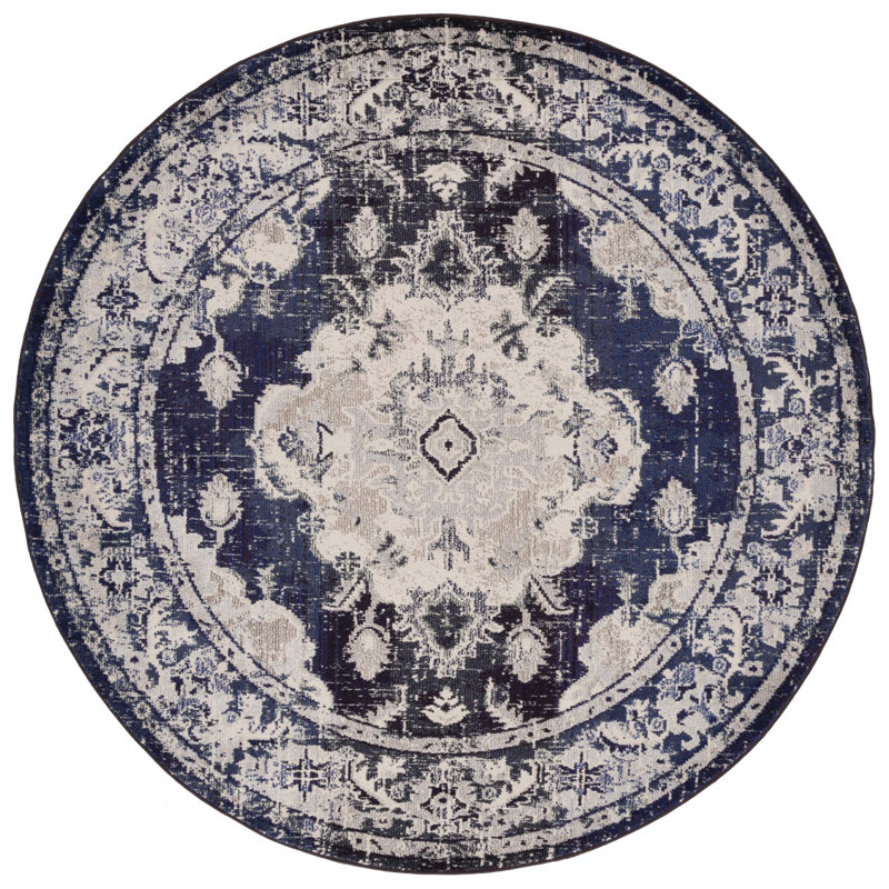 Almyra Oriental Area Rug, Round 6'7", Ivory/Navy