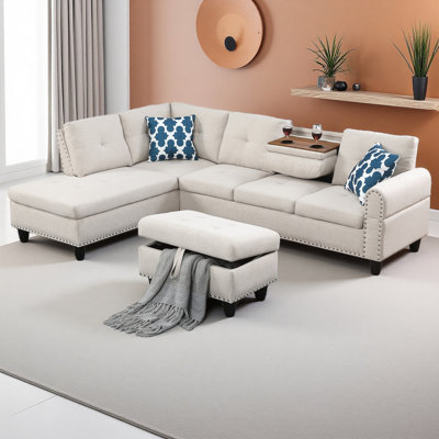 Rivet-Trimmed L-Shaped Sofa