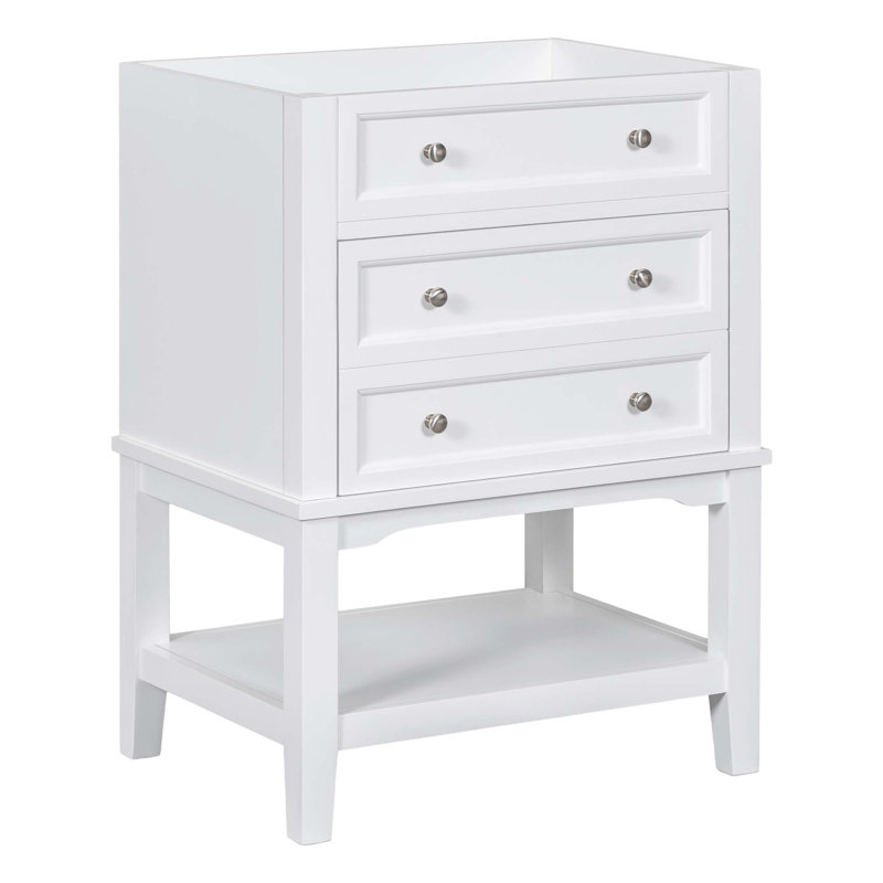 Meuble-lavabo 24 po sans lavabo, base seulement, structure en bois massif, armoire de rangement avec tiroir et tablette ouverte, blanc