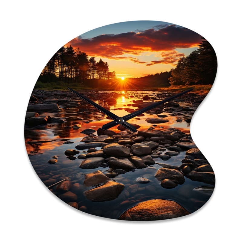 «Kentucky Landscape River» - horloge en métal de forme unique orange, impression d'horloge murale asymétrique moderne, Petit