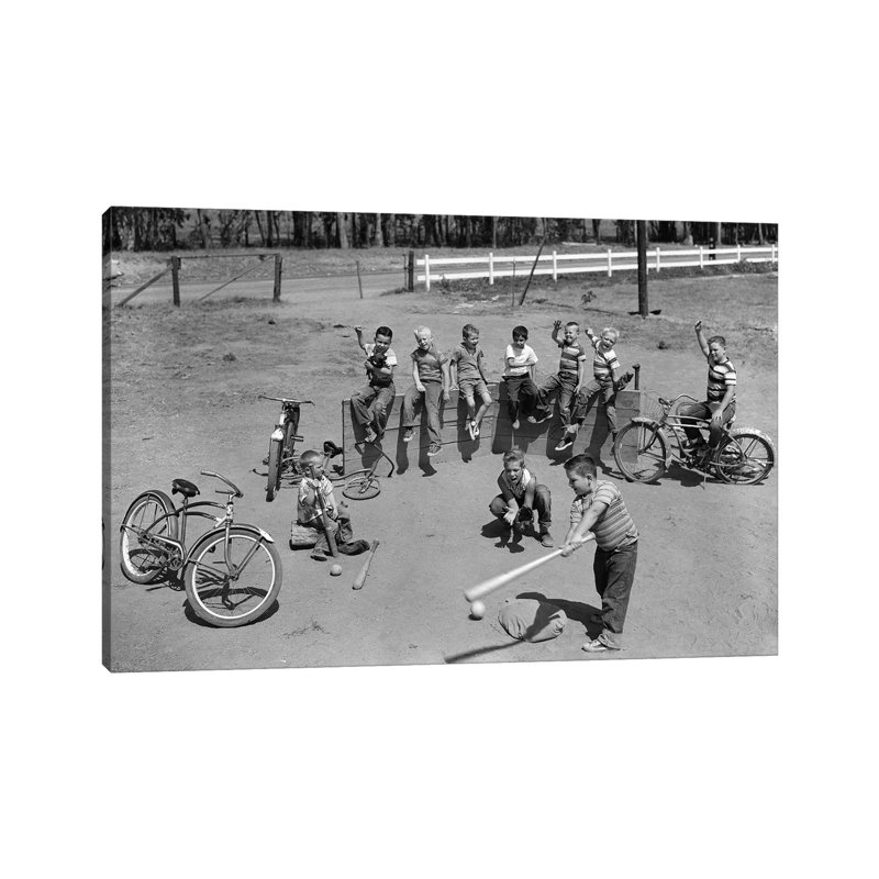 1950s 10 Neighborhood Boys Playing Sand Lot Baseball Most Wear Blue Jeans Tee Shirts - Wrapped Canvas Print
