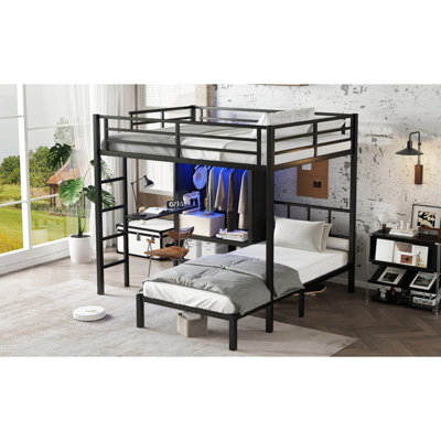 Full XL Over Twin Metal Bunk Bed With Folding Desk, Closet With LED ,Space-Saving/Noise Reduced, Black