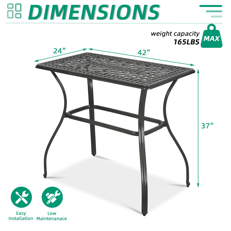 Table de bar d'extérieur, table de comptoir en aluminium coulé à hauteur de comptoir de 41,98 po x 23,98 po, table de pub rectangulaire toutes saisons avec pieds réglables, table de salle à manger à dessus haut pour cour, terrasse, jardin, bronze antique