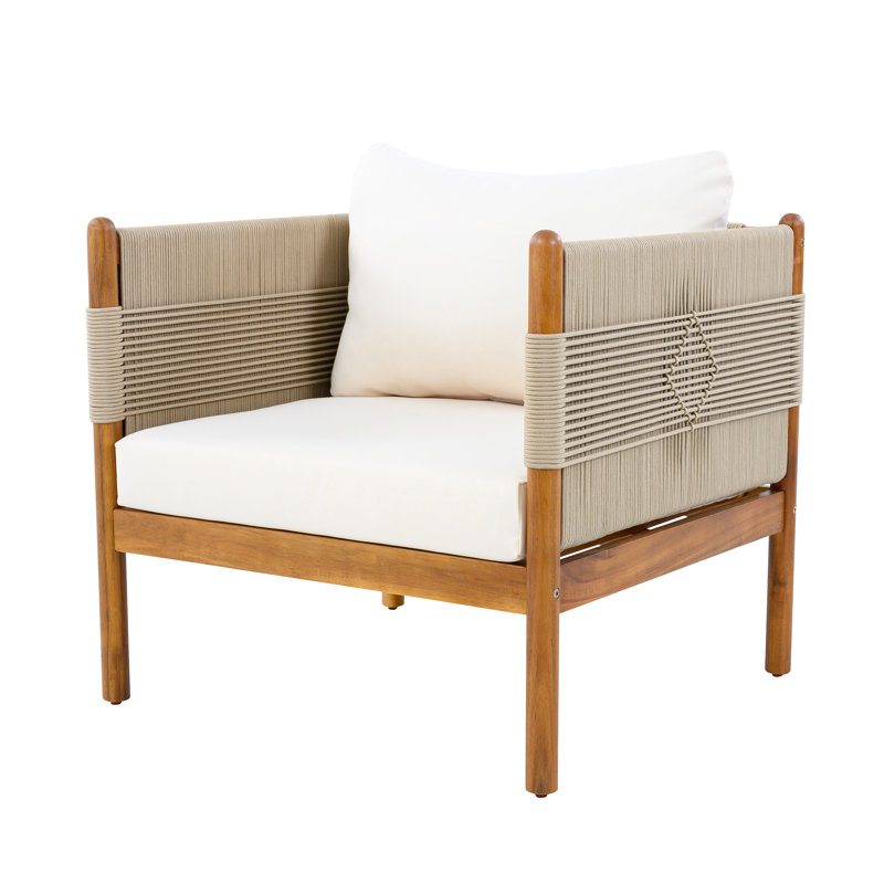 Lolan Outdoor Acacia Wood Lounge Chair With Diamond Rope Weave & Cushions, Brown/Beige