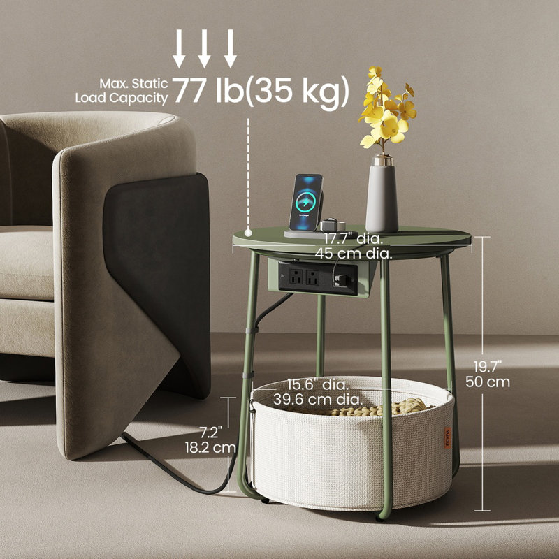 Table d'appoint avec station de charge, Vert forêt / blanc crème