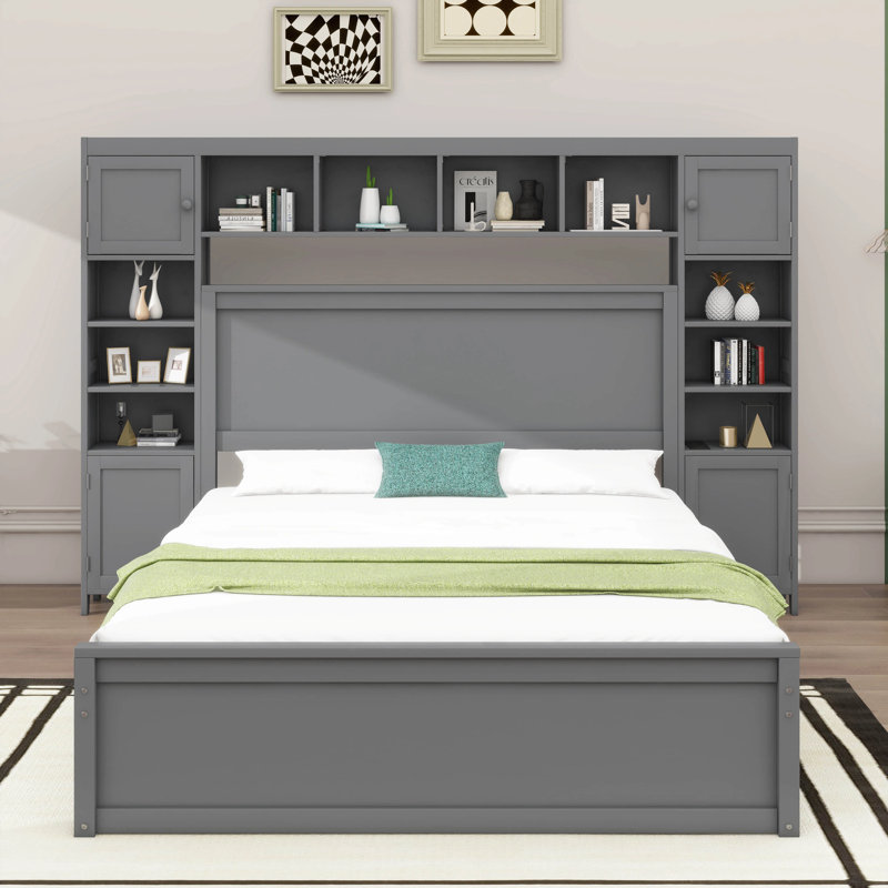 Grand lit en bois avec armoire intégrée, tablette et prises électriques, gris