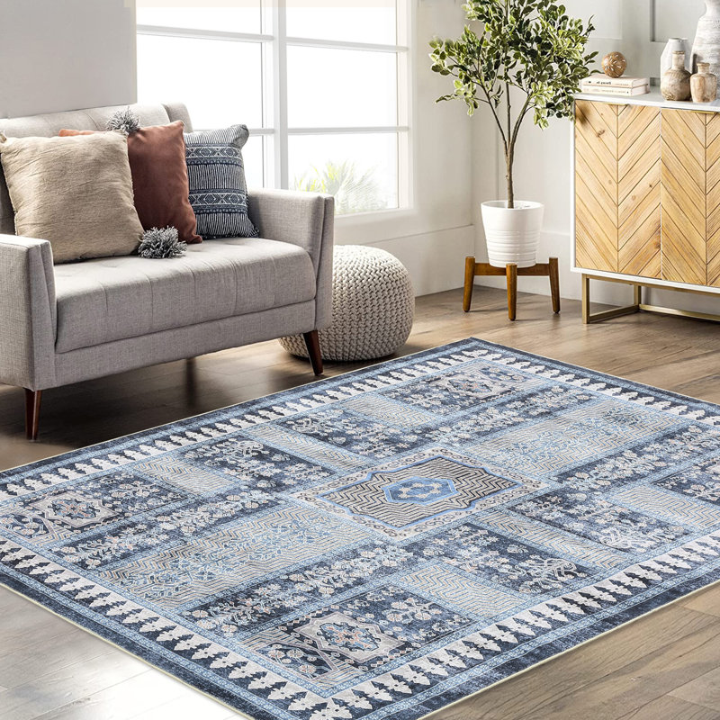 Oriental Machine Washable Area Rug Non-Slip Indoor Carpet Non-Shedding Floral Rug for Living Room Bedroom Dining Room Hallway Kitchen Office Playroom Nursery