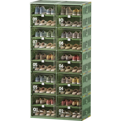  10-Tier Green Foldable Shoe Rack, Collapsible Shoe Storage Cabinet with Magnetic Doors, Stackable Entryway Organizer for Indoor & Outdoor Use, Holds Up to 40 Pairs