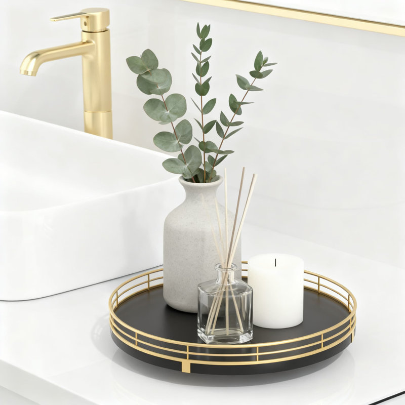 Plateau tournant en bois avec cadre en métal, organisateur polyvalent pour meuble-lavabo, commode, comptoir de cuisine et table basse