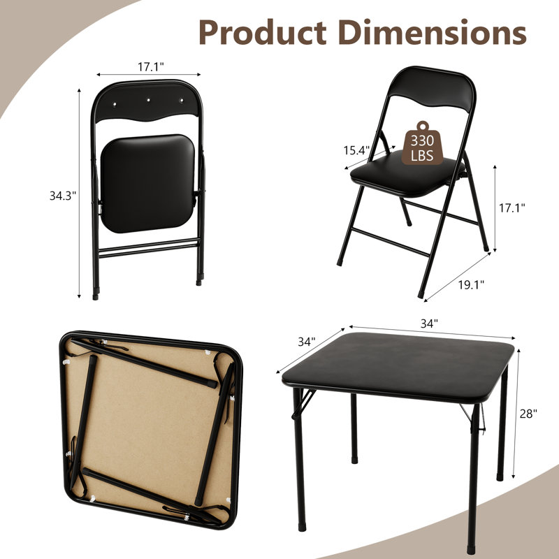 Ensemble repas 5 pièces pliable avec 4 chaises rembourrées en PVC, structure en fer, Noir