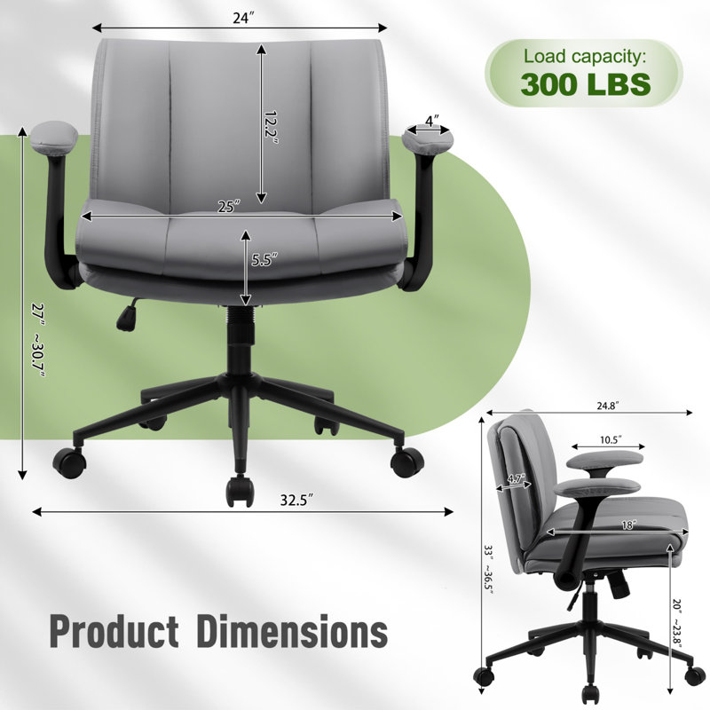 Adjustable Grey Desk Chair - Cross Legged Leather Swivel Chair With Flip-Up Armrests, Wheels & Wide Seat, Gray