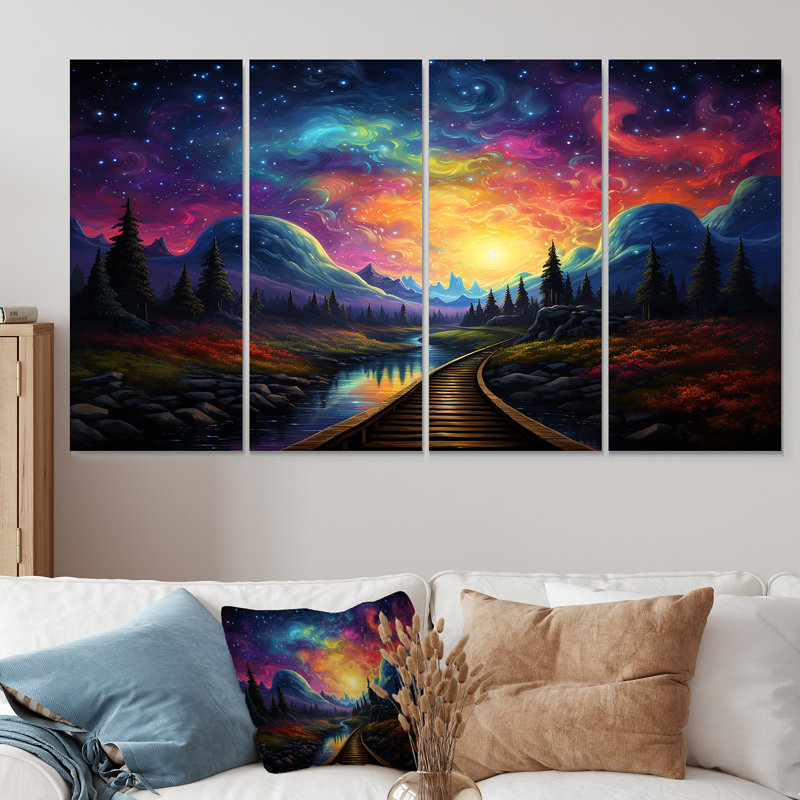 «Starry Night Train Traces To The Sky I - Train», art mural 4 pièces, H 32 po x l 64 po