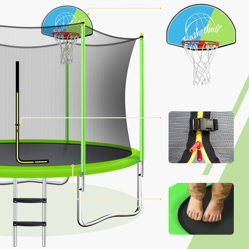 10FT Trampoline for Kids with Safety Enclosure Net, Basketball Hoop and Ladder
