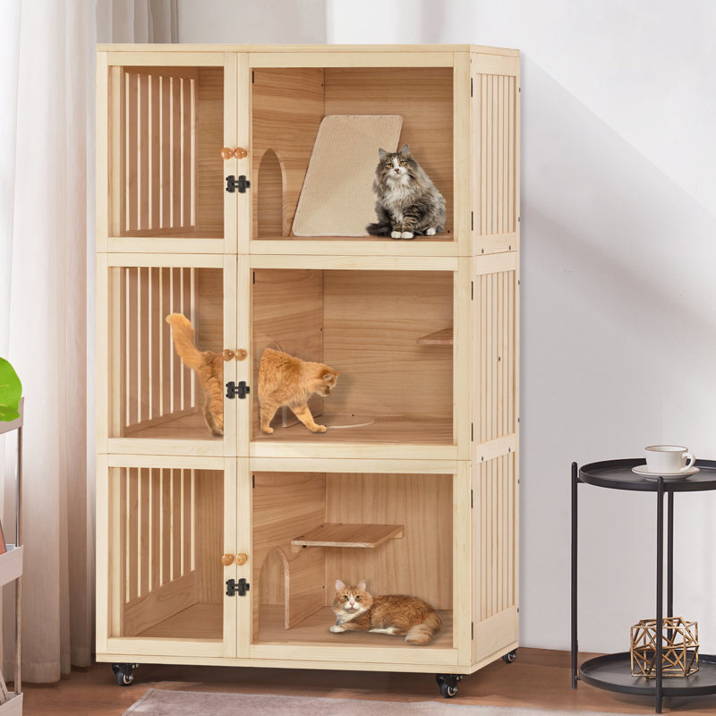 63'' H Cat House Villa,Cat Cages with Scratching Pad,Openable Cover and Wheels