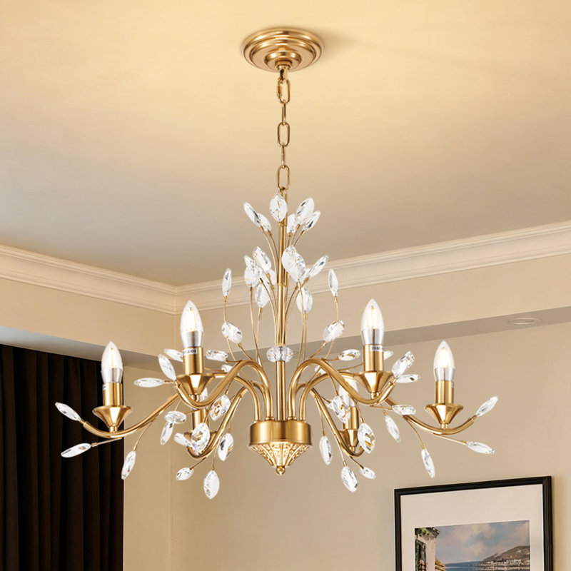 Vintage Gold Crystal Candle Chandelier, 6-Light Iron Pendant for Dining Room and Living Room