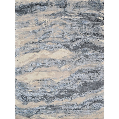 Tapis argenté et bleu noué à la main de haute qualité