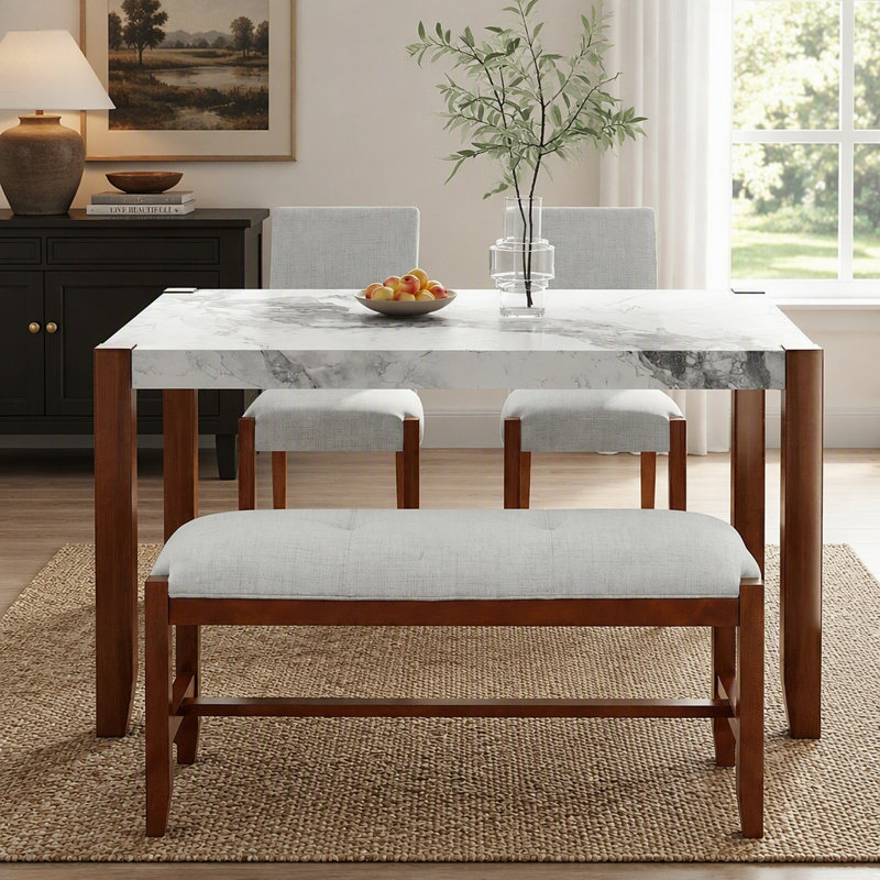 Ensemble de salle à manger 4 pièces avec table en marbre, chaises rembourrées et banc, conception peu encombrante pour les salles à manger modernes