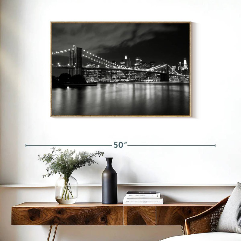 Pont de Brooklyn la nuit, Cadre flottant en bois naturel, 37 po x 25 po