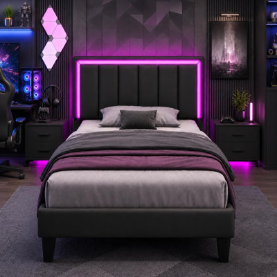 Ensemble de chambre à coucher 3 pièces, lit rembourré intelligent à DEL et tables de chevet à DEL avec chargeur
