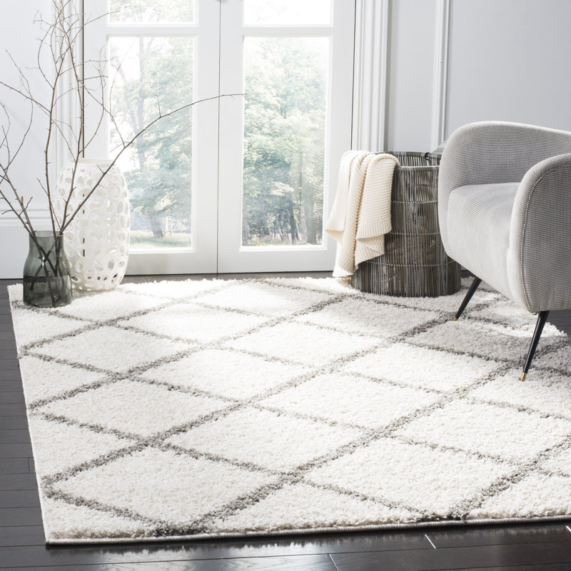 Darrold Shag Performance Geometric Rug, Rectangle 8' x 10', Ultra Plush 1.81", Ivory/Gray