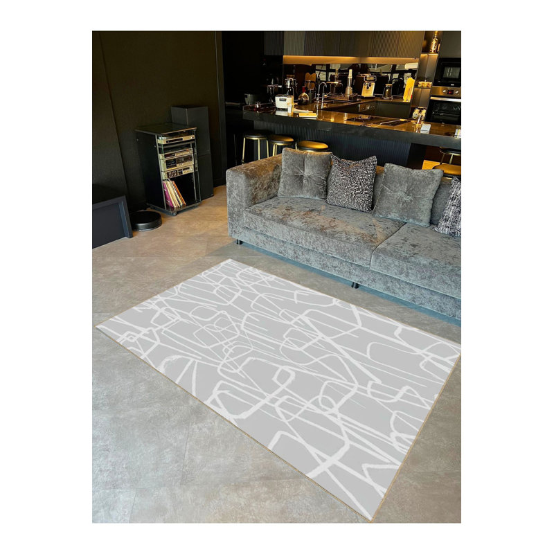 Tapis décoratif gris clair et blanc à motifs abstraits et lavables à la machine, Tapis de couloir 3 pi 3 po x 6 pi 7 po