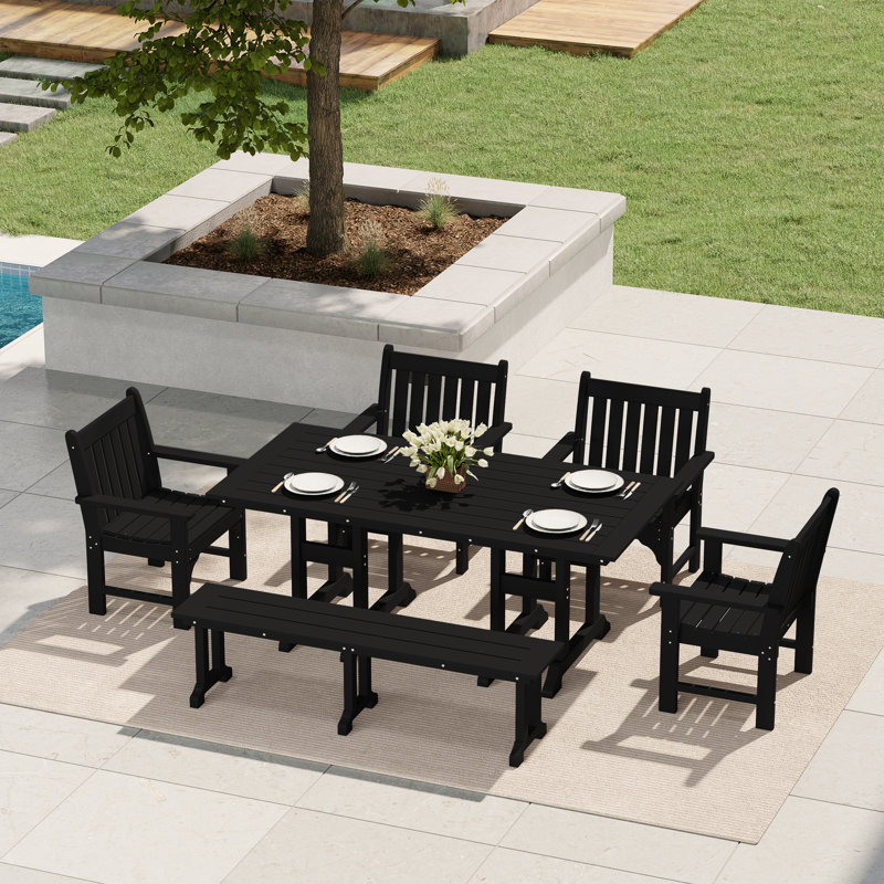 Ensemble de salle à manger avec table et accoudoirs de jardin 6 pièces Laguna Poly, Noir, 6 pièces: table, banc, 4 chaises