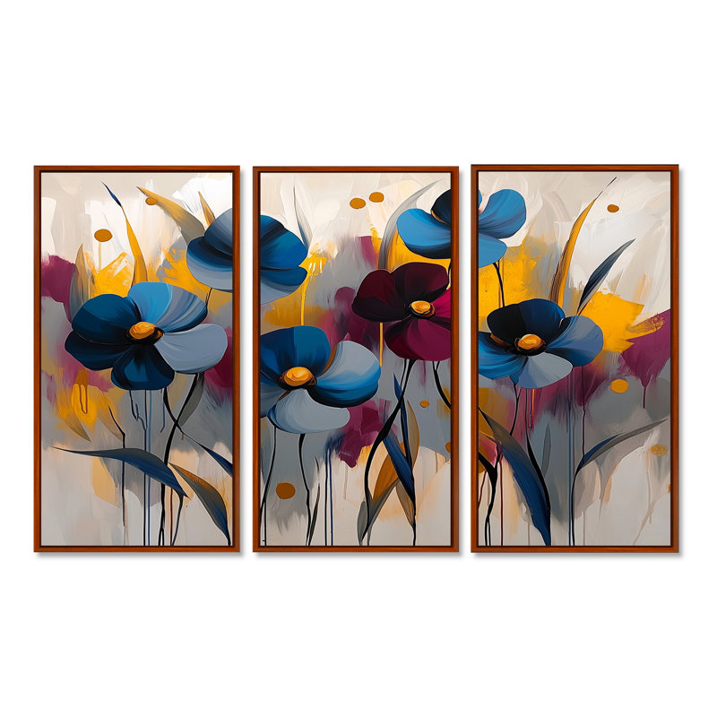 Ensemble de 3 fleurs murales rouges et bleues - bleuet pour salon - ensemble de 3, H 28 po x l 36 po, Brun