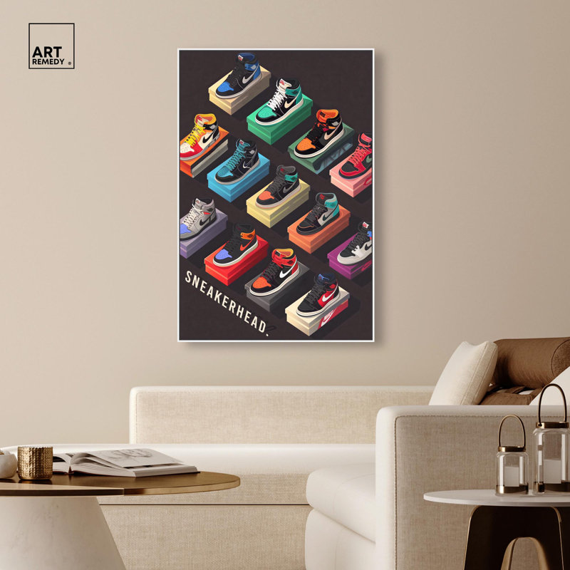 Posters Sneakerhead par Sneaker Collection par Art Remedy, H 55 po x l 37 po, Cadre flottant blanc