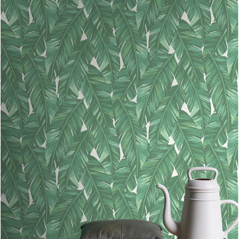 Rouleau de papier peint feuilles tropicales L 33 pi x l 20,5 po Phyllis, Vert clair / blanc