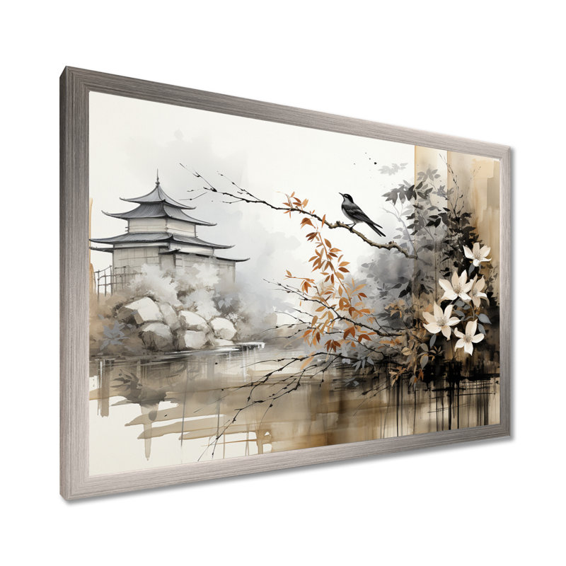 Asian Art Sumi Bird Serenity I - Art mural asiatique, H 24 po x l 32 po x P 1 po, Cadre simple argenté