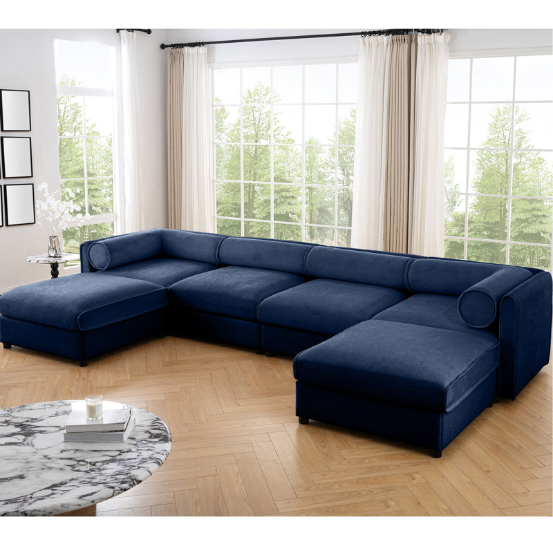 Canapé modulaire pour salon, chenille bleue, assise profonde, cylindrique et, avec rangement, modulaire extra large, 4, Bleu