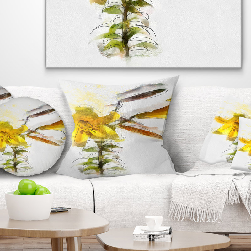 Tige de tulipe jaune avec feuilles - coussin à imprimé floral, 18 po x 18 po, Coussin décoratif