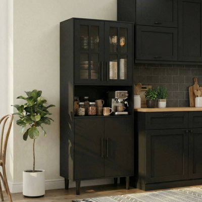 71'' H X 23.6'' W Kitchen Pantry With Bookcases, Glass Door Kitchen Storage Cabinet