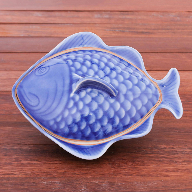 Rosecliff Heights Leyt Ceramic Divided Serving Dish, Blue