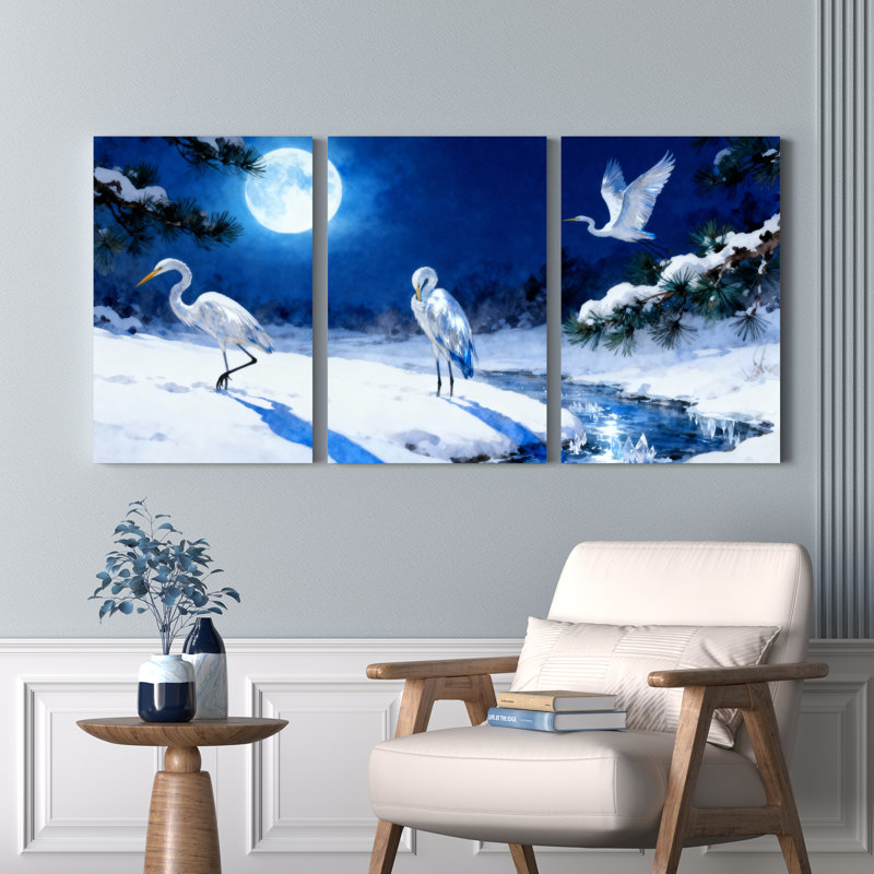 Ensemble de 3 tableaux sur toile tendue représentant un héron au clair de lune enneigé, H 30 po x l 60 po