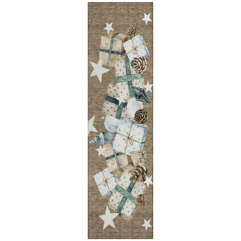 Machine Washable Indoor/Outdoor Christmas Presents Xhevrie Brown Rug, Runner 2'3" x 7'6"