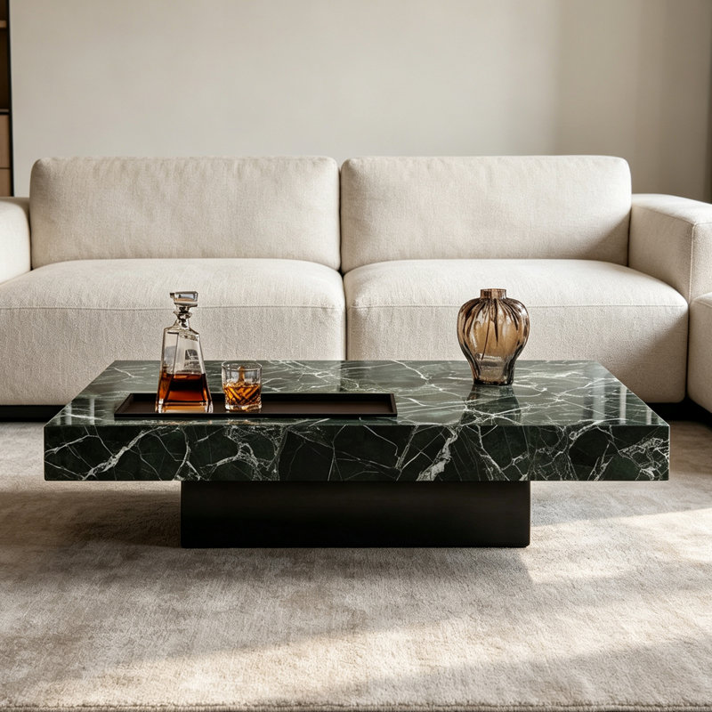 Table basse minimaliste de luxe en marbre vert d'automne, H 11,8 po x l 43,3 po x P 43,3 po