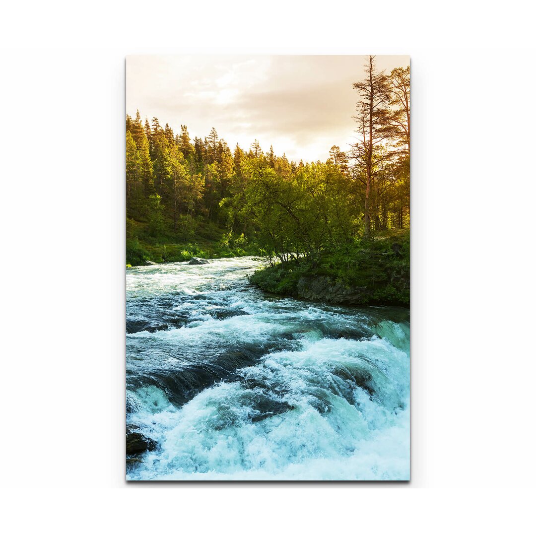 Leinwandbild Wald mit Fluss in Norwegen