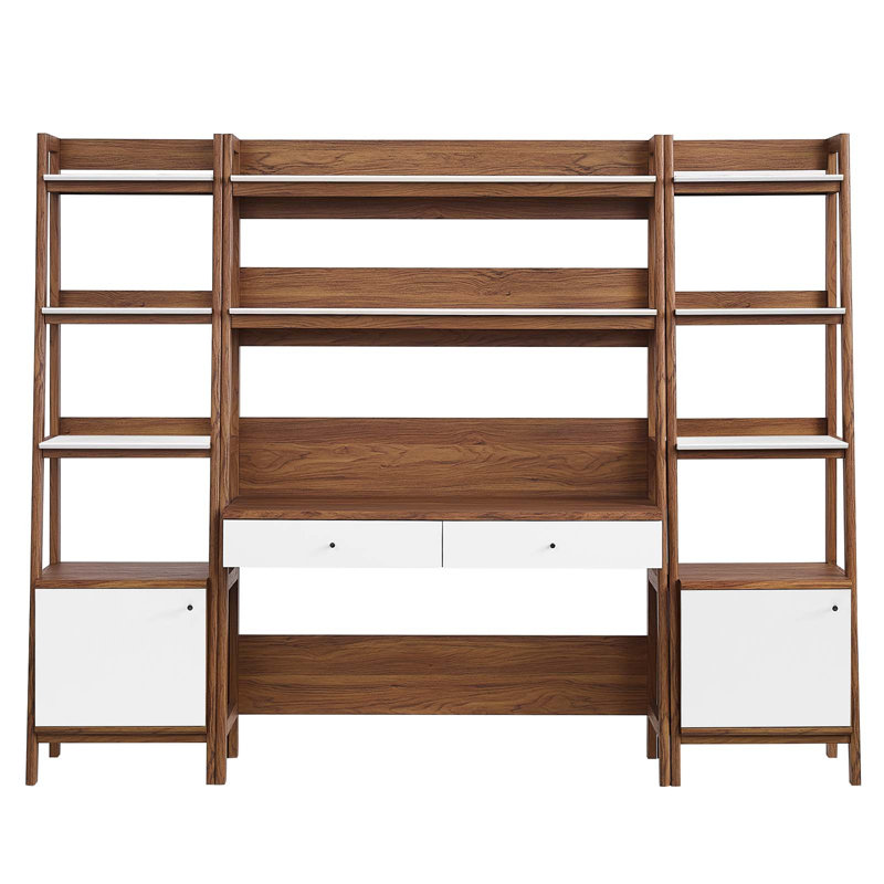Modway Bixby 3-Piece Wood Office Desk and Bookshelf, Walnut/White