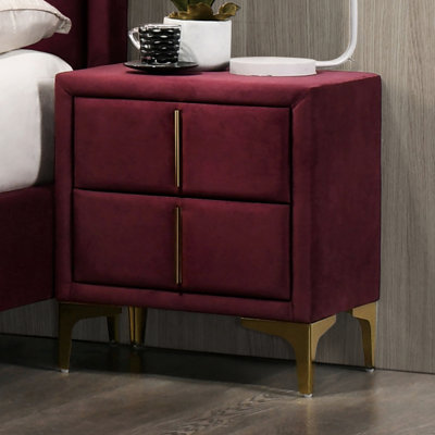 Armoire de chevet glamour rouge et or 2 entièrement revêtue de flanelle, détails table de chevet colorée avec centre en flanelle, idéale pour une chambre à coucher moderne