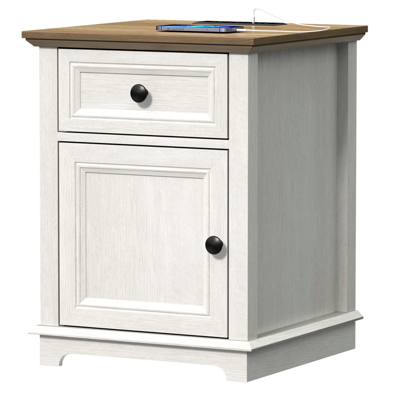 Table de bout haute 24 po avec tiroir de rangement et prises de courant encastrées Vianet, Blanc / Brun