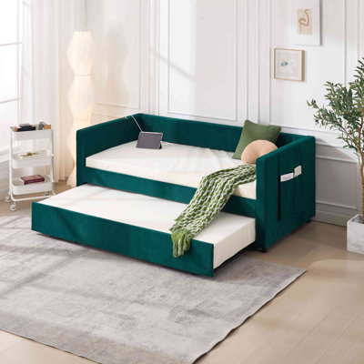 Lit de jour rembourré avec lit gigogne, port USB, poches latérales, conception moderne à dossier en V, aucun sommier nécessaire, pour chambre à coucher, chambre d'amis