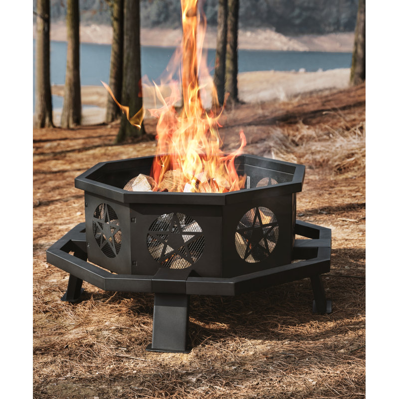 Wood Burning Fire Pit, Outdoor Firepit with Grill for BBQ Outside, 17.52" H x 35.04" W x 35.04" D