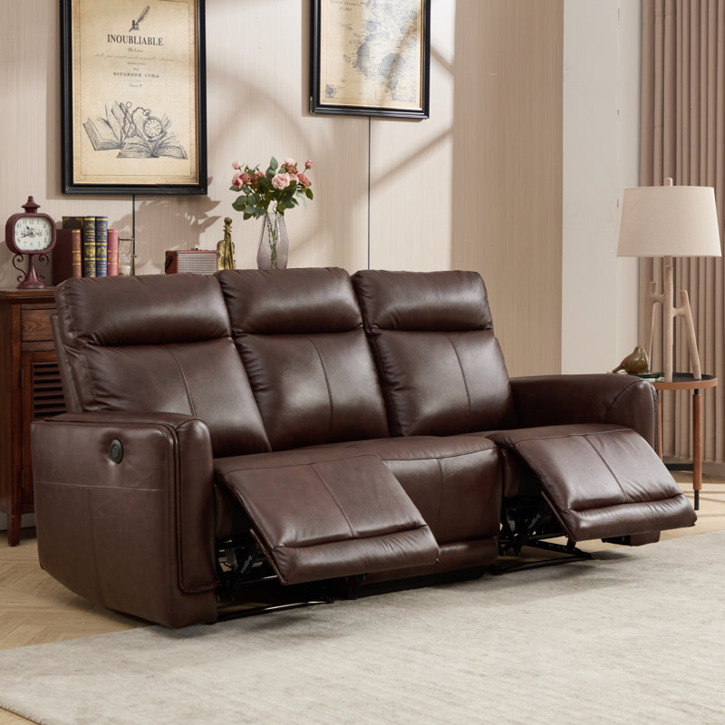 82" W Classic Top-Grain Leather Ergonomic Power Reclining Sofa With USB & Type-C(Set Of 2), Espresso Brown